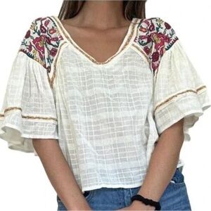 Anthropologie Pilcro Tawny Size 2X Embroidered Blouse Ivory Flare Sleeve Boho